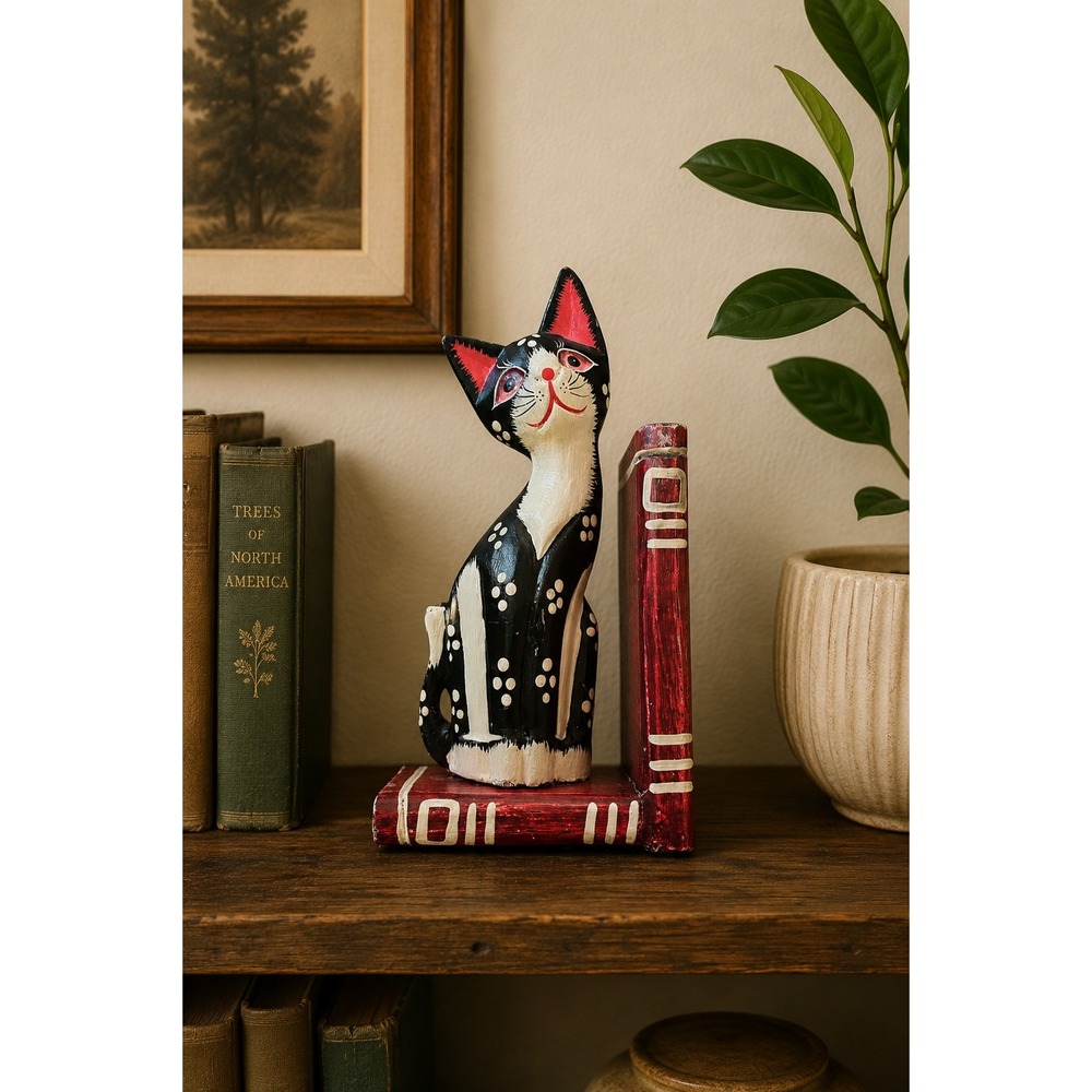 Vintage Indonesian Wooden Cat Bookend Folk Art Black White Cat Shelf Decor